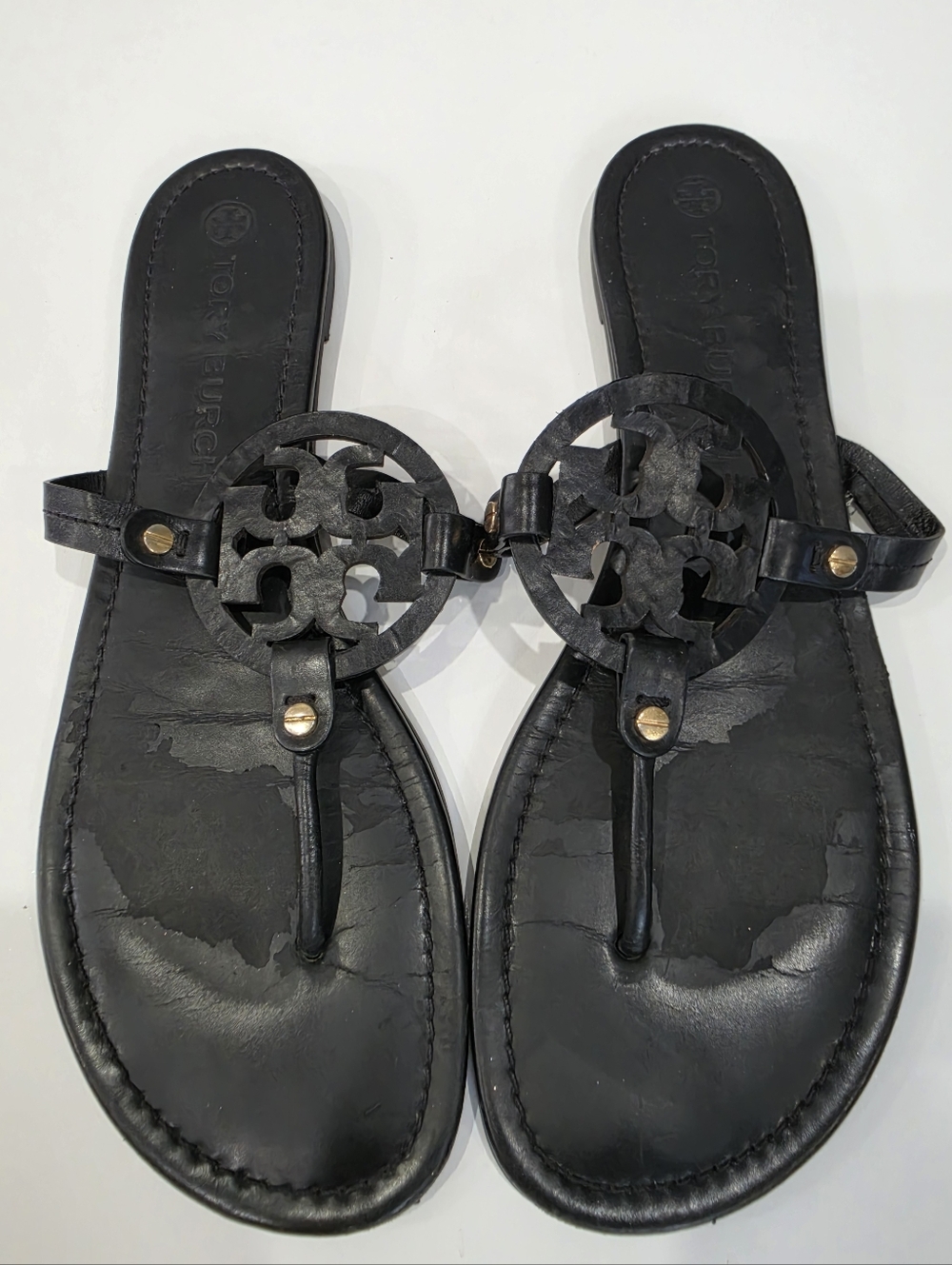 Tory Burch Miller Sandals Black Size 13 Rare Laser Cut Logo